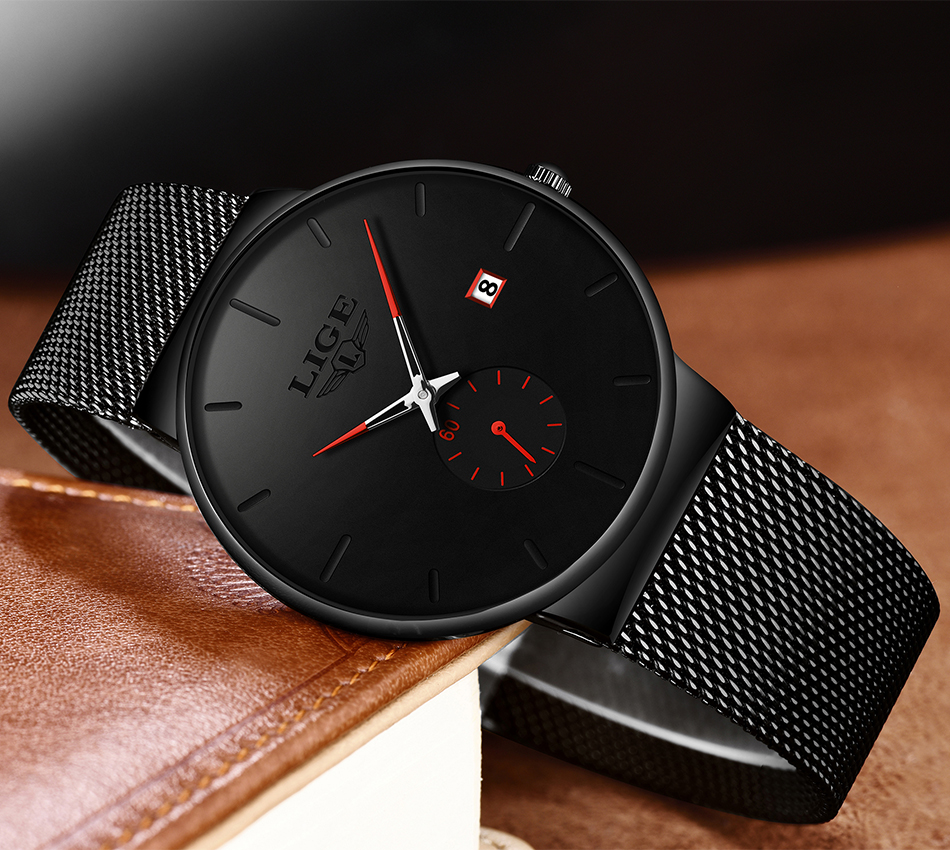 Ultra-Thin Black Quartz Wrist Watch for Men