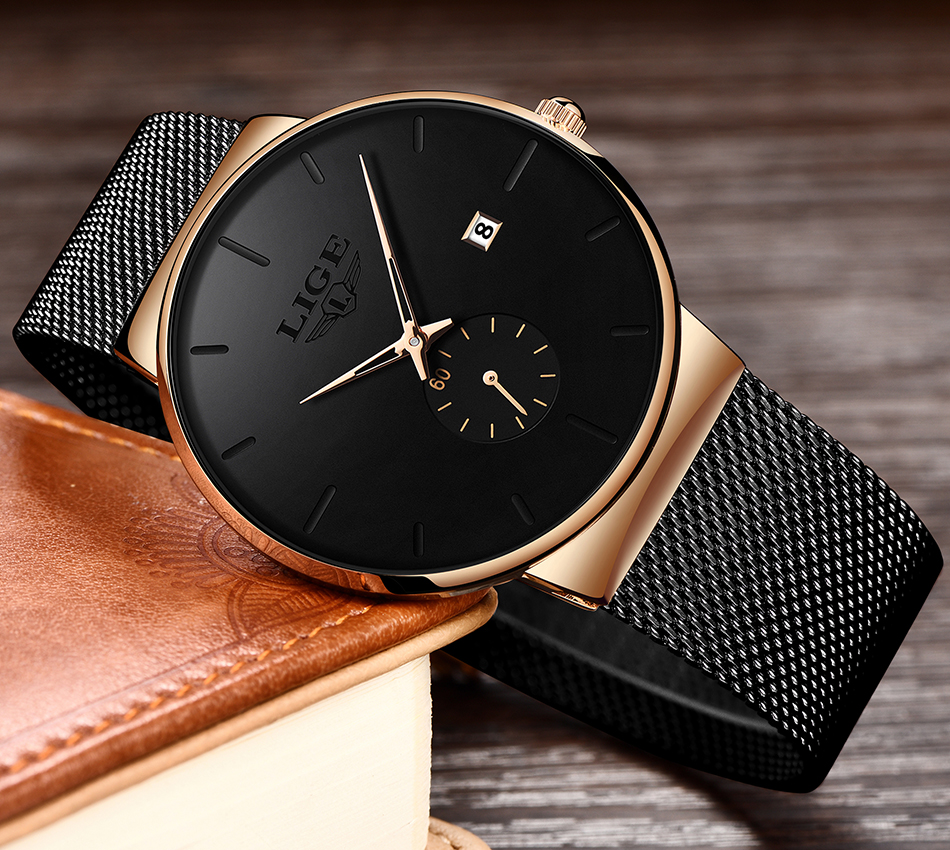 Ultra-Thin Black Quartz Wrist Watch for Men