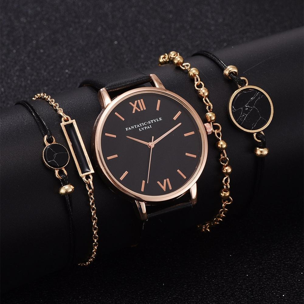 Women's Luxury Leather Band Quartz Watch Set 5 Pcs Watches Women's Watches 