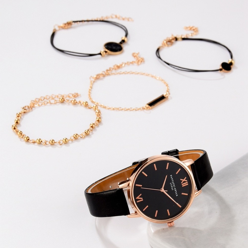 Women's Luxury Leather Band Quartz Watch Set 5 Pcs