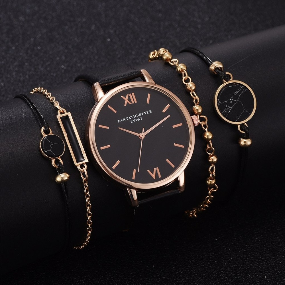 Women's Luxury Leather Band Quartz Watch Set 5 Pcs