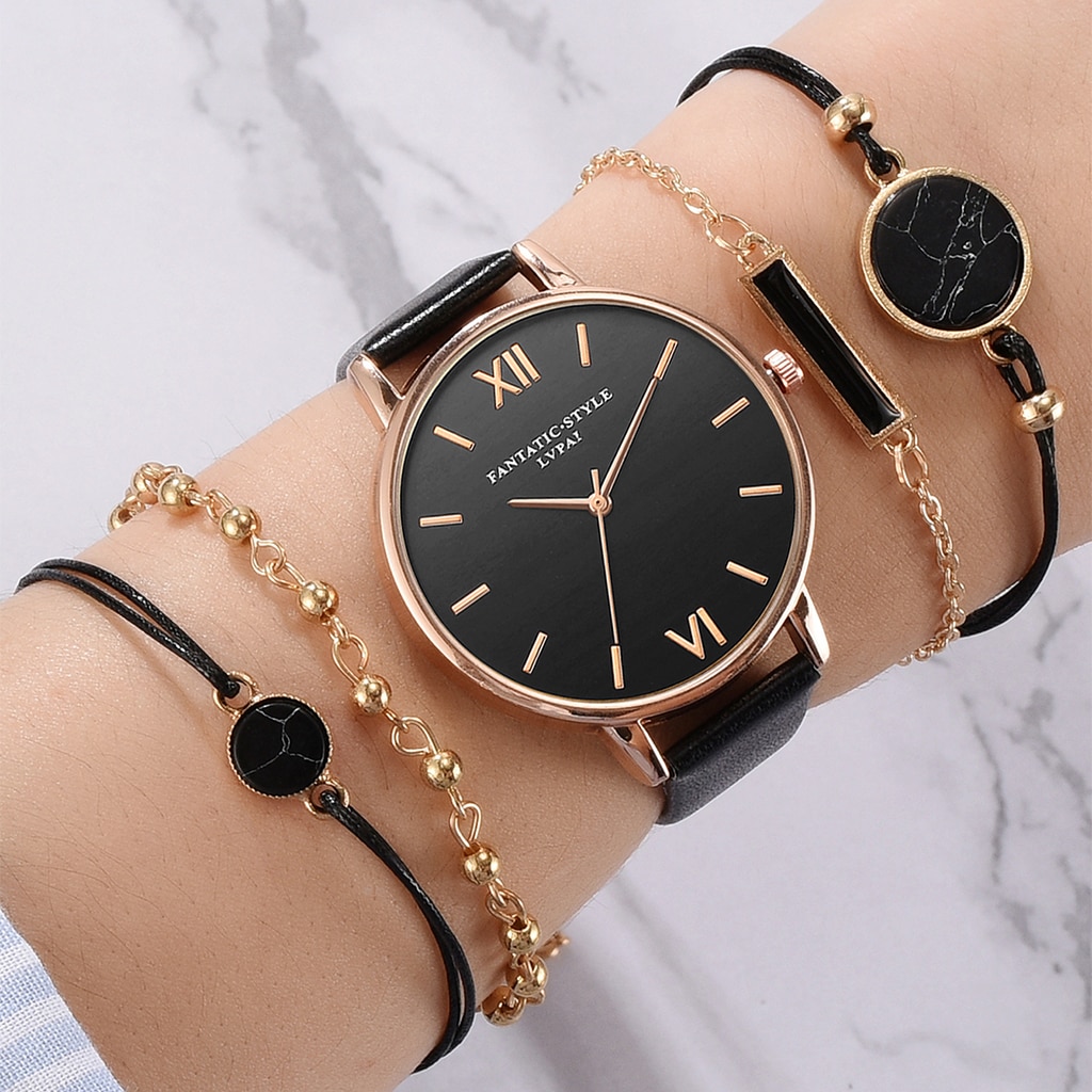 Women's Luxury Leather Band Quartz Watch Set 5 Pcs Watches Women's Watches 