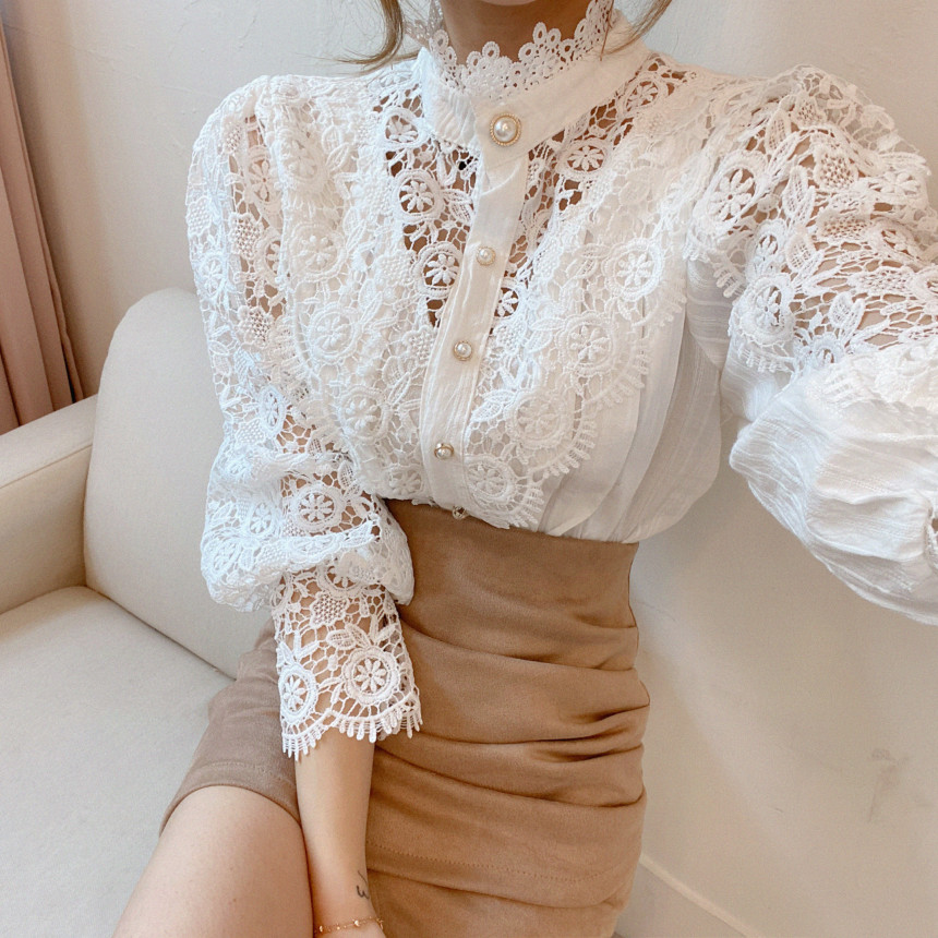 Women's Petal Sleeve Stand Collar Blouse