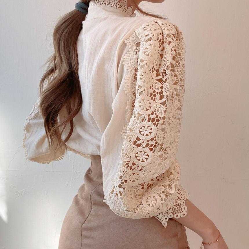 Women's Petal Sleeve Stand Collar Blouse