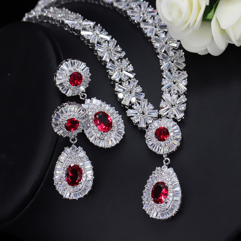 Luxury Colorful Cubic Zirconia Women's Jewelry Sets Jewelry Sets Women Jewelry Color: Red Silver 