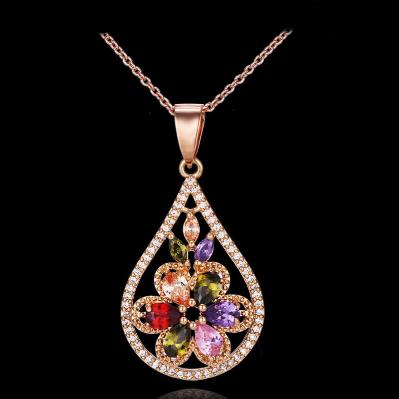 Luxury Flower Shaped Multicolor Crystal Pendant Necklaces Women Jewelry 