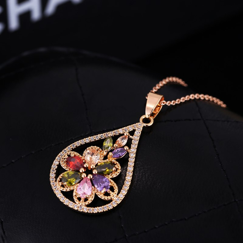 Luxury Flower Shaped Multicolor Crystal Pendant Necklaces Women Jewelry 