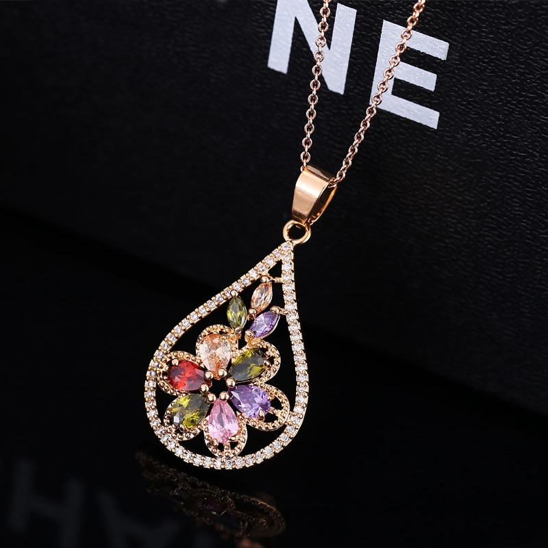 Luxury Flower Shaped Multicolor Crystal Pendant Necklaces Women Jewelry 