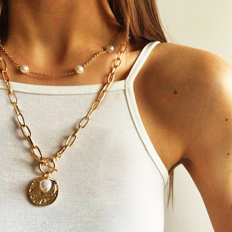 Multilayer Gold Color Coin Chain Necklace for Women