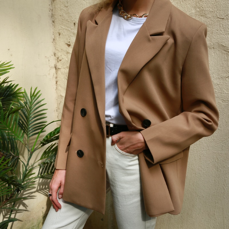 Women's Camel Color Double Breasted Blazer Basic Jackets Jackets & Coats Women's Clothing & Accessories 