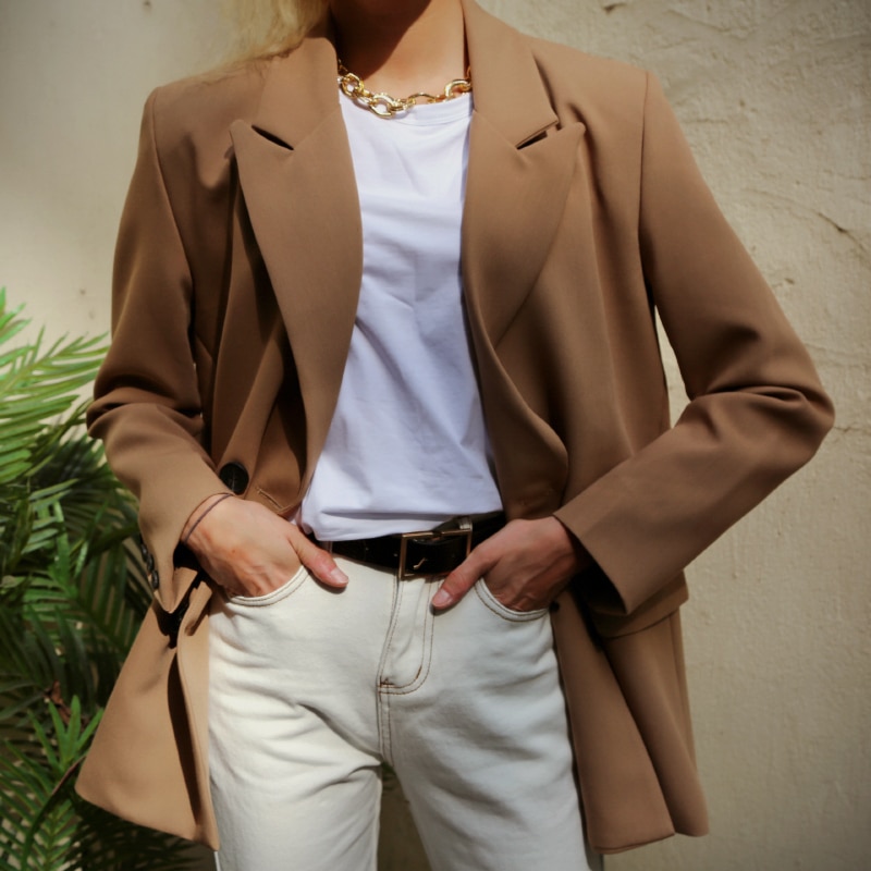 Women's Camel Color Double Breasted Blazer Basic Jackets Jackets & Coats Women's Clothing & Accessories 