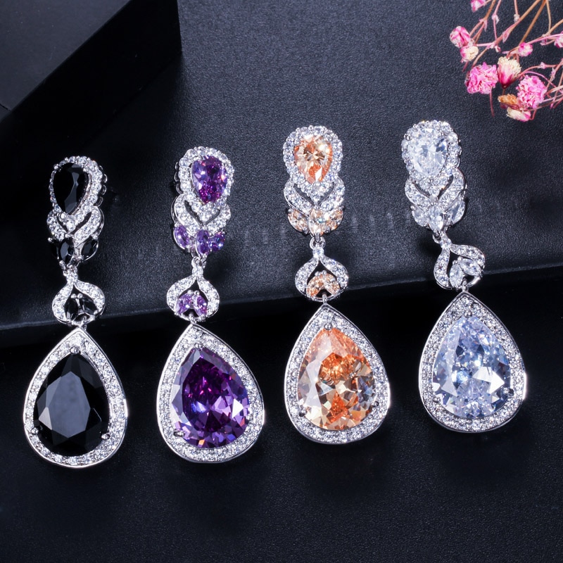 Women's Cubic Zirconia Water Drop Shaped Long Earrings Earrings Women Jewelry 