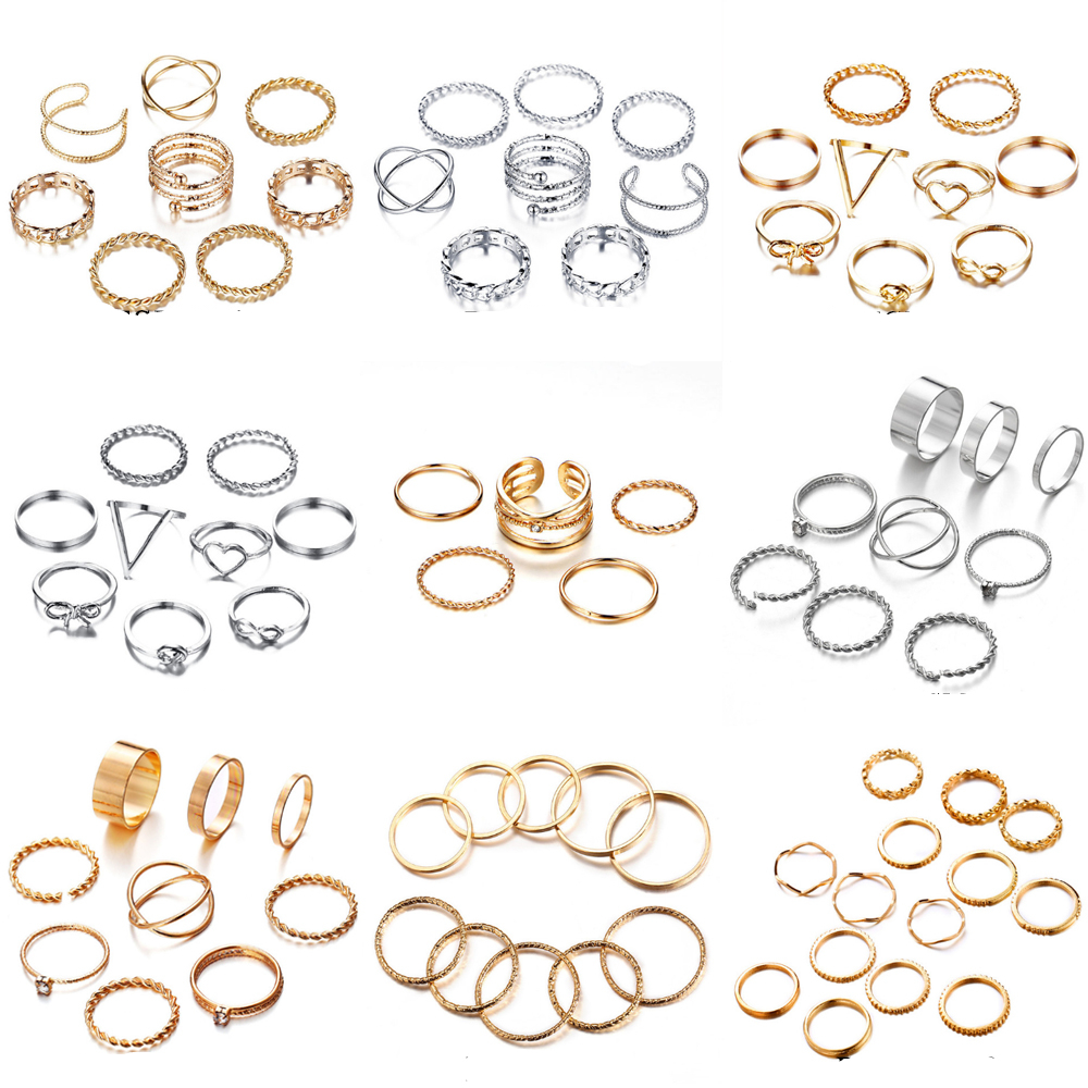 Women's Gold and Silver Minimalistic Rings 9 pcs Set