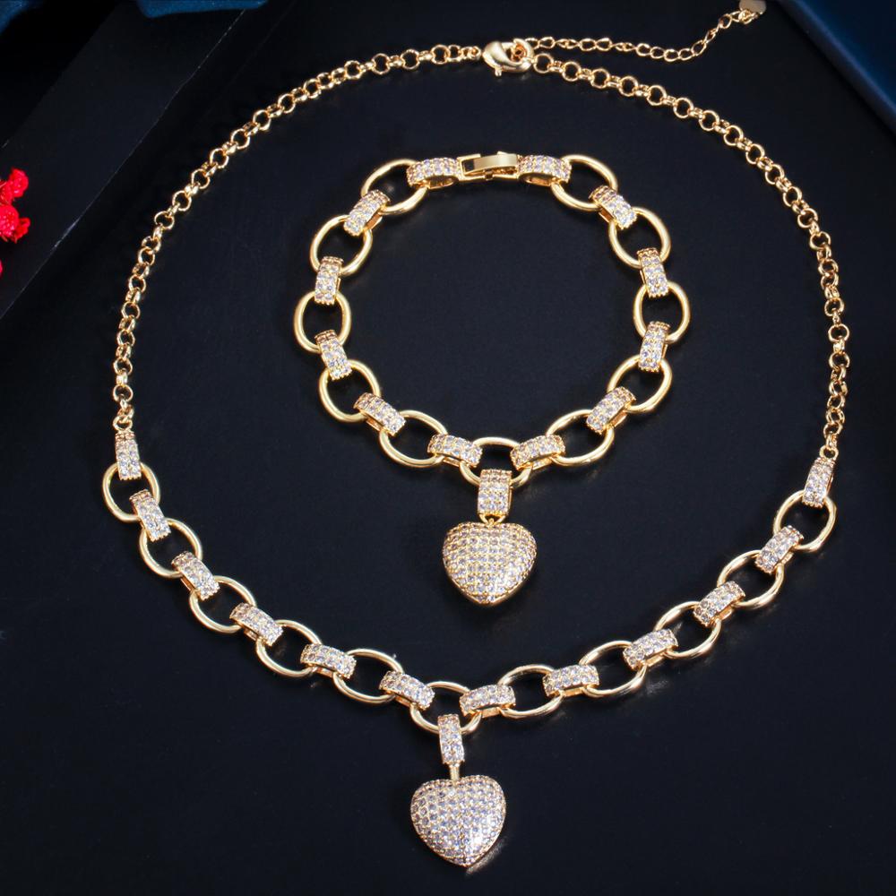 Women's Golden Heart Bracelet and Necklace Set Jewelry Sets Women Jewelry 