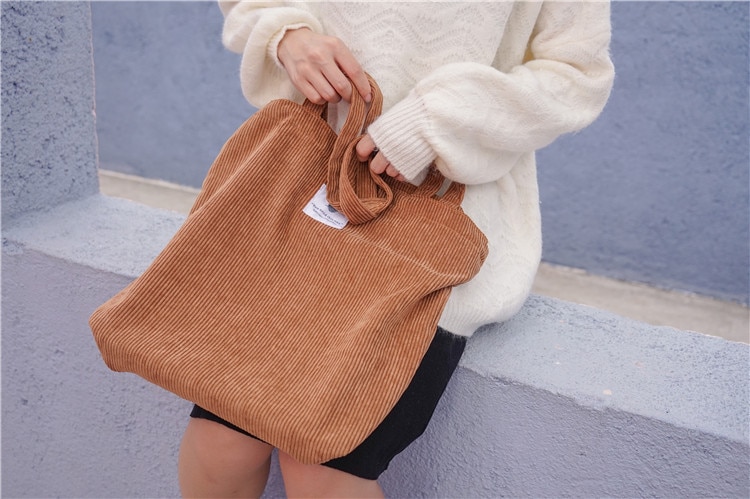 Women's Corduroy Shopper Bag With Interior Zipper Pocket