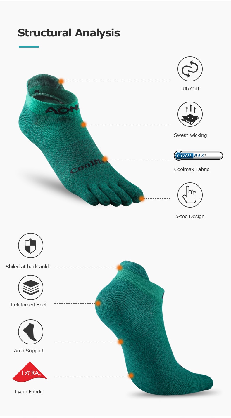 Solid Color Coolmax Athletic Toe Socks