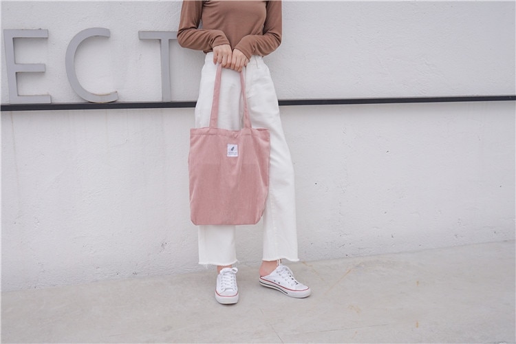 Women's Corduroy Shopper Bag With Interior Zipper Pocket