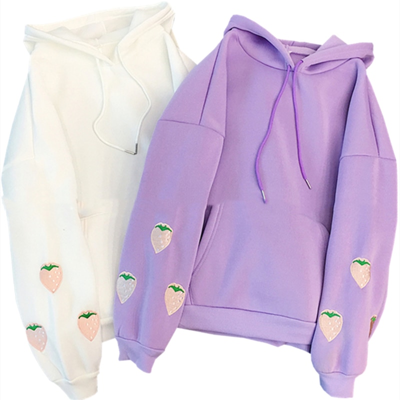 Women's Strawberry Embroidered Hooded Sweatshirt