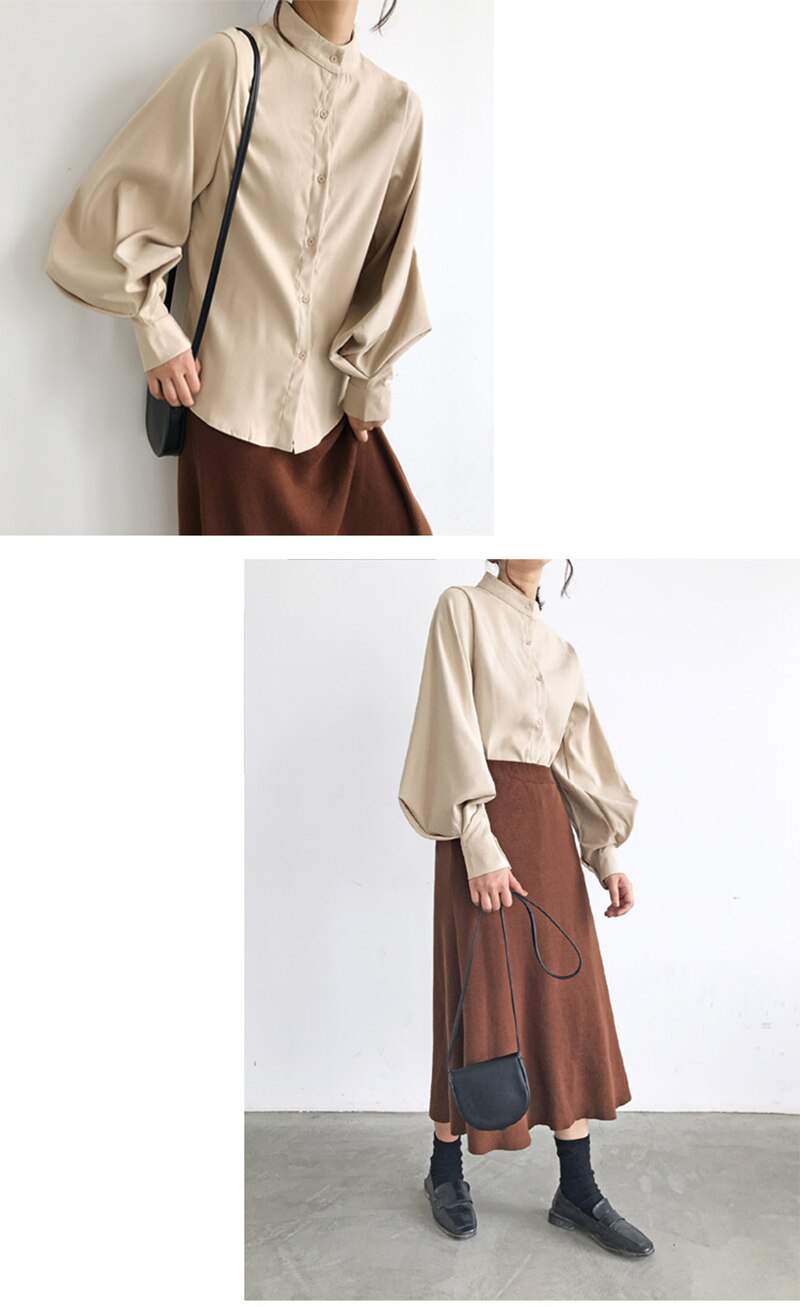 Mandarin Collar Lantern Sleeve Blouse for Women