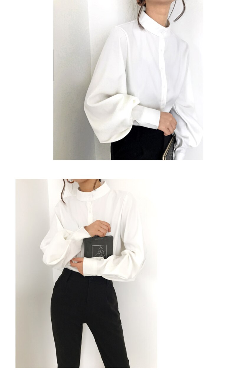 Mandarin Collar Lantern Sleeve Blouse for Women