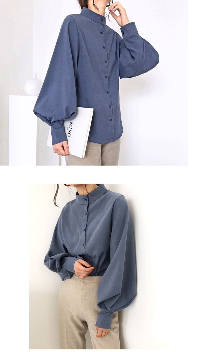 Mandarin Collar Lantern Sleeve Blouse for Women