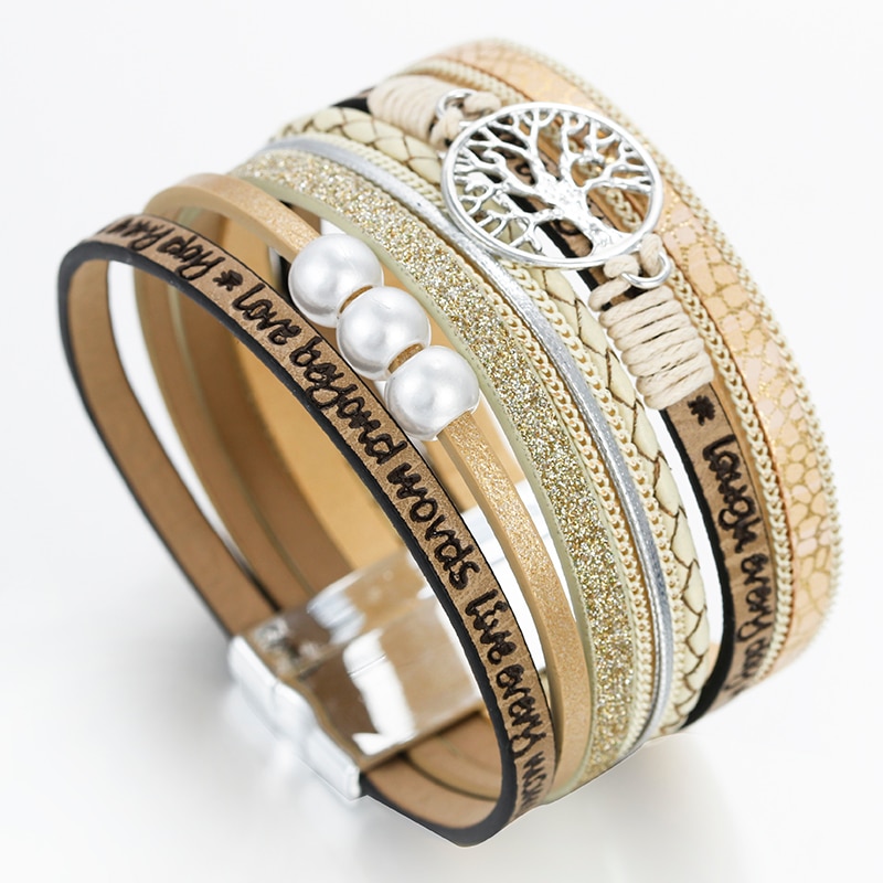 Tree of Life Pearl Leather Bracelet for Women