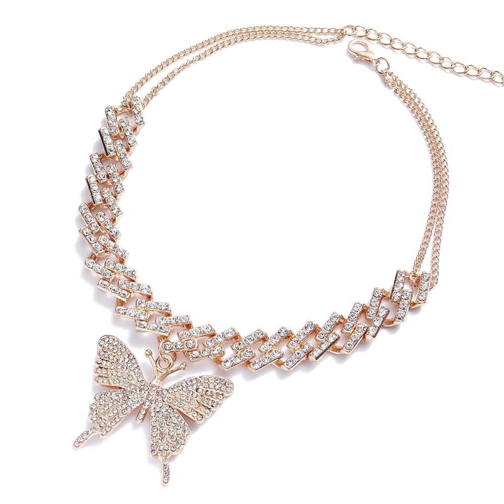 Butterfly Iced Out Cuban Link Chain Necklace for Women