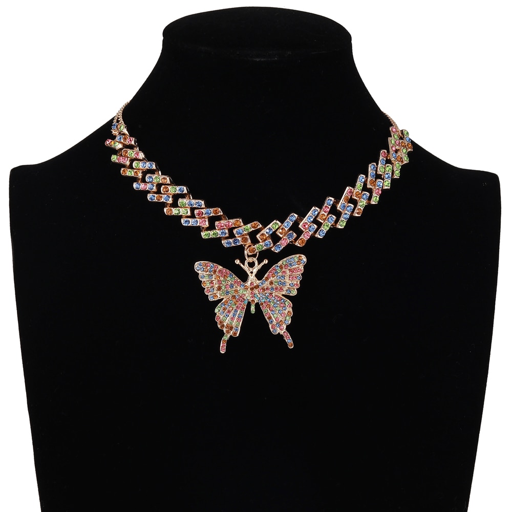 Butterfly Iced Out Cuban Link Chain Necklace for Women