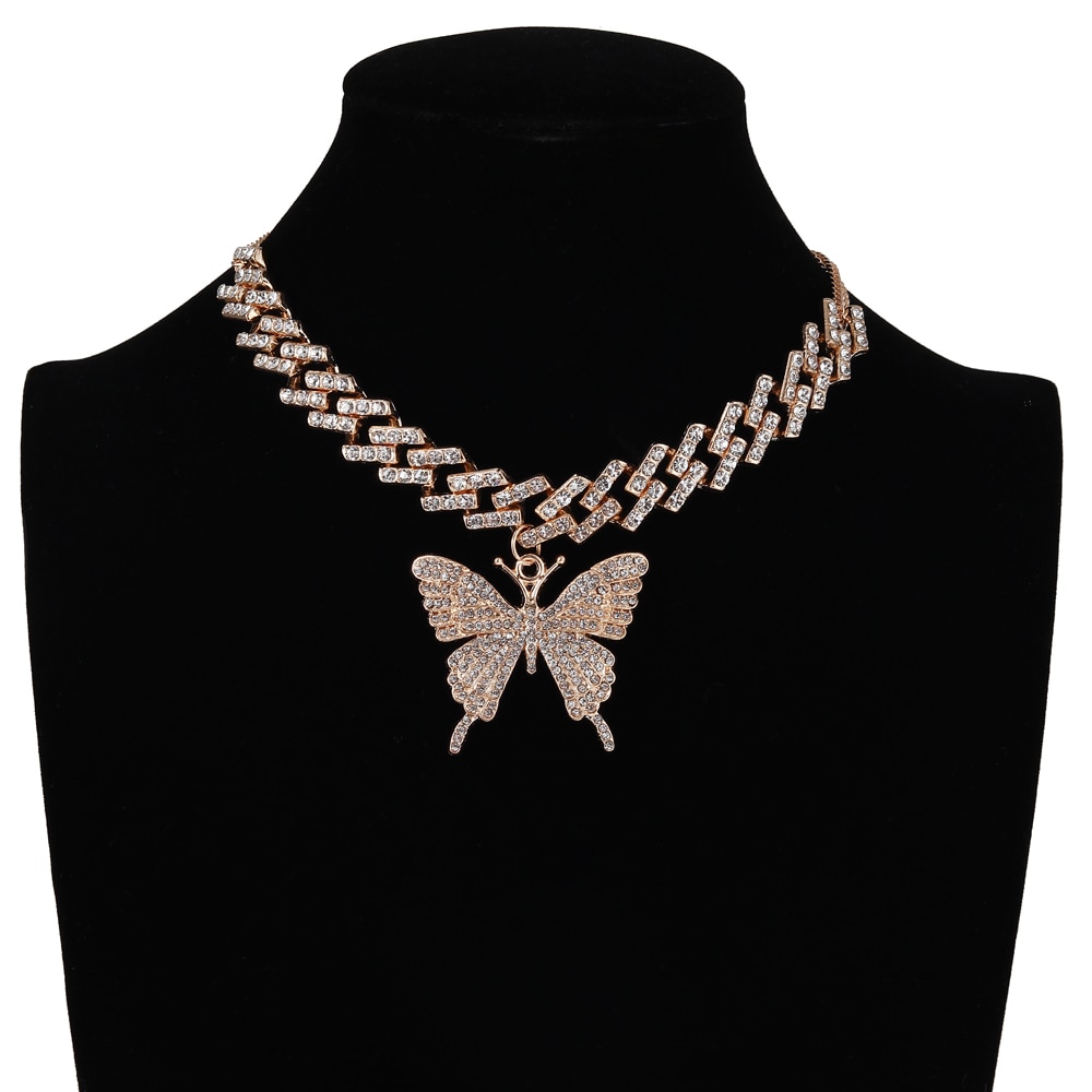 Butterfly Iced Out Cuban Link Chain Necklace for Women