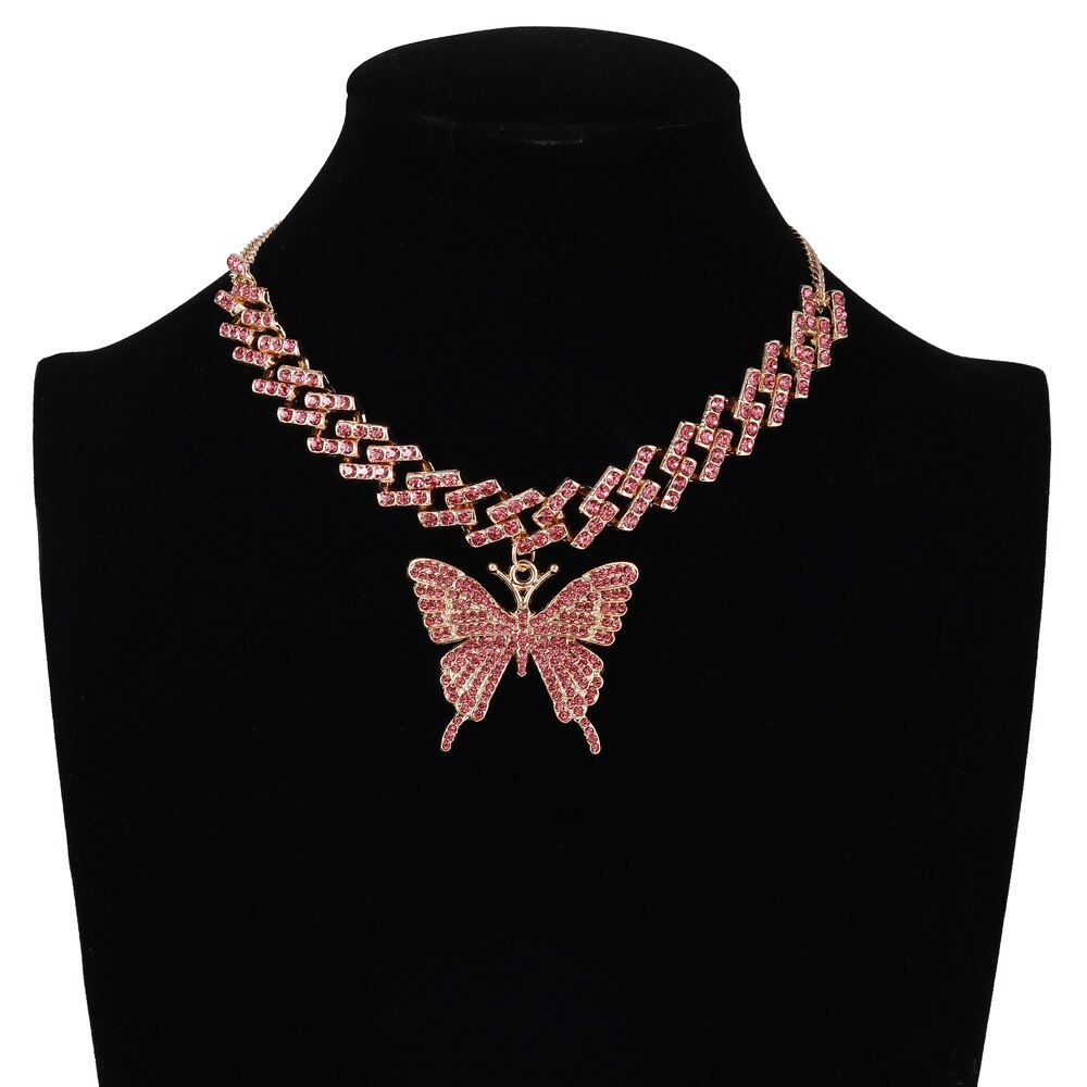 Butterfly Iced Out Cuban Link Chain Necklace for Women