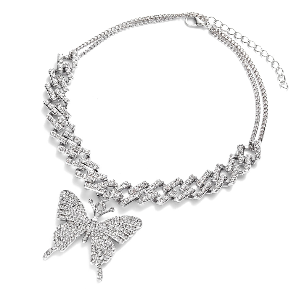 Butterfly Iced Out Cuban Link Chain Necklace for Women