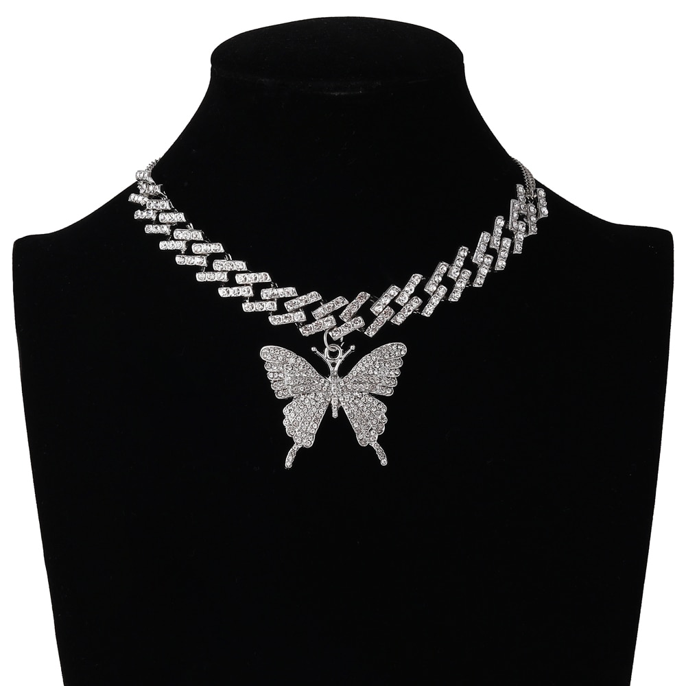 Butterfly Iced Out Cuban Link Chain Necklace for Women