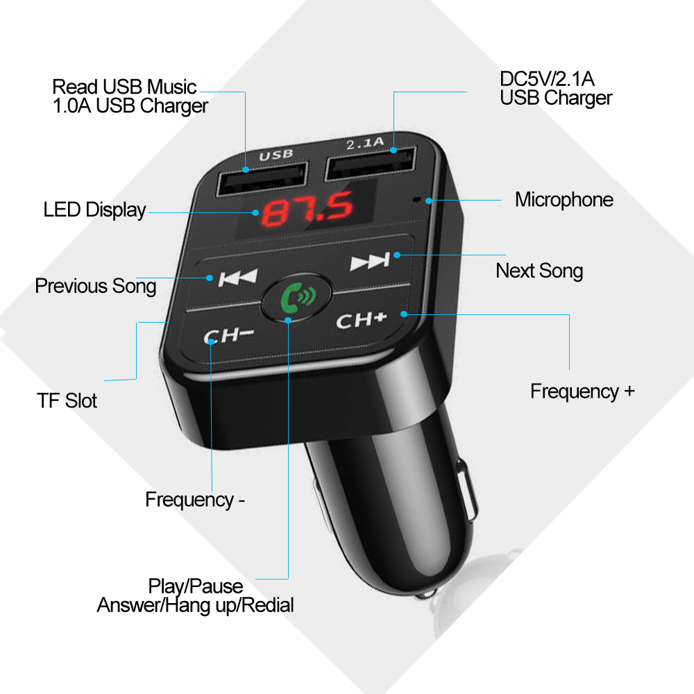 Bluetooth 5.0 FM Transmitter and Car Phone Charger