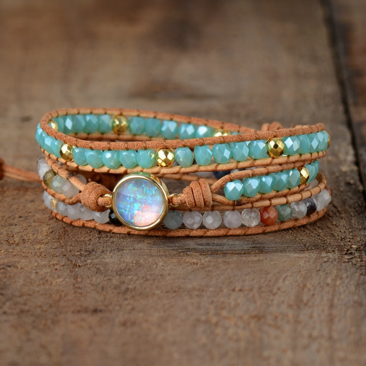 Women's Boho Natural Opal Leather Wrap Bracelet Women's Boho Natural Opal Leather Wrap Bracelet