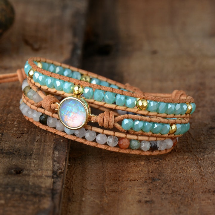 Women's Boho Natural Opal Leather Wrap Bracelet Women's Boho Natural Opal Leather Wrap Bracelet