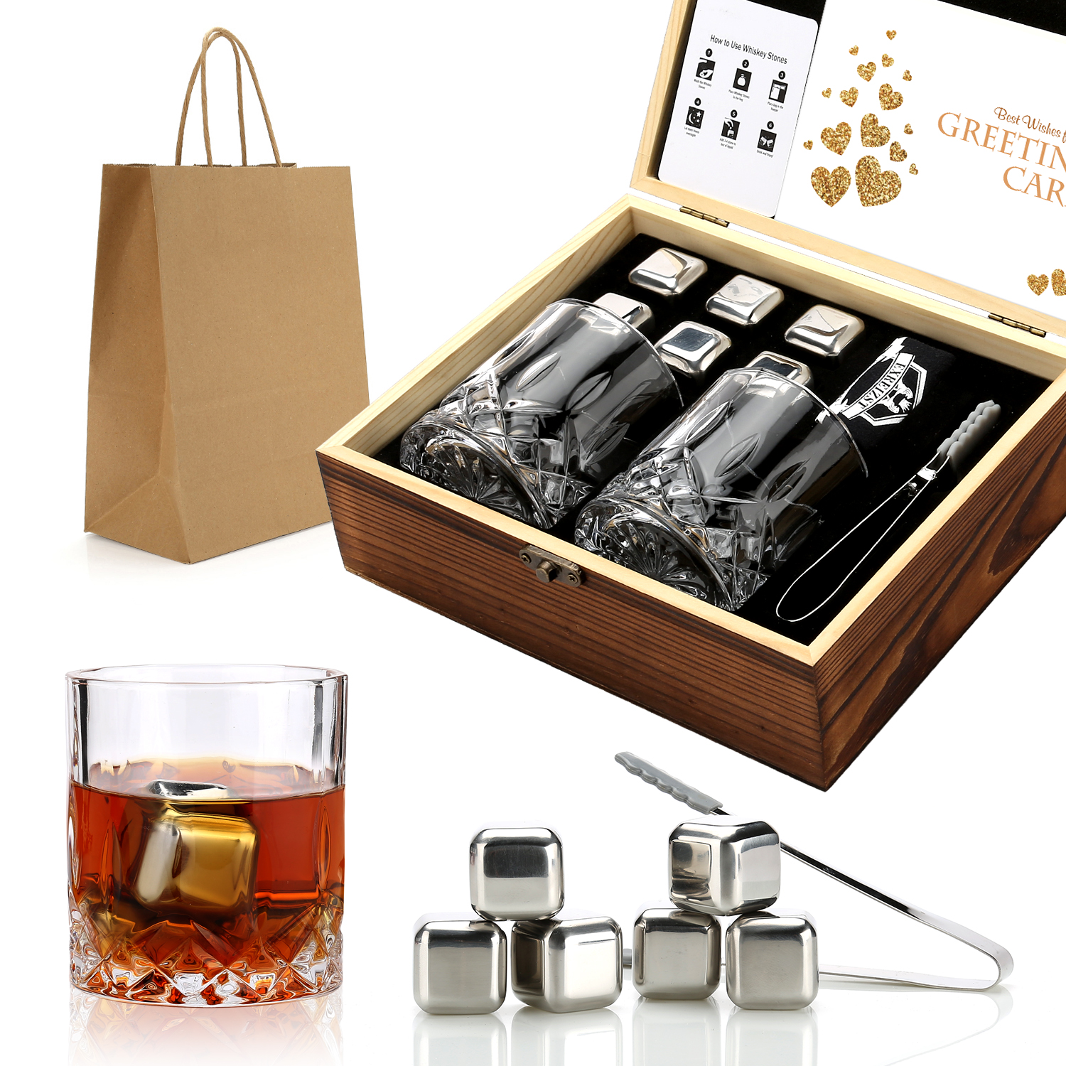 Whiskey Chilling Rocks in Wooden Box