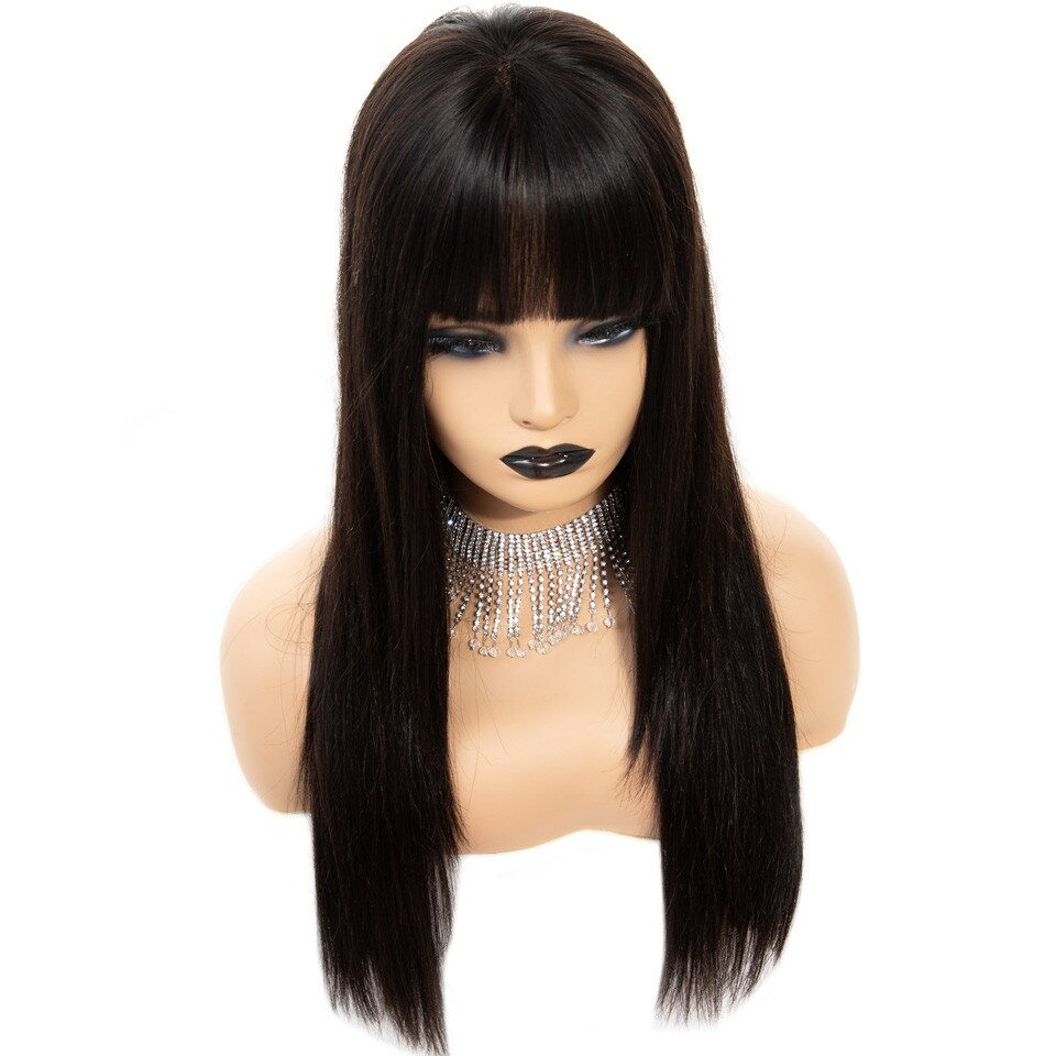 Black Long Straight Bangs Virgin Human Hair Wig