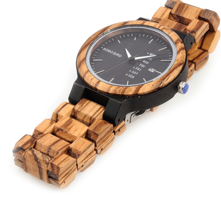 Men's Wooden Quartz Watch with Week Display