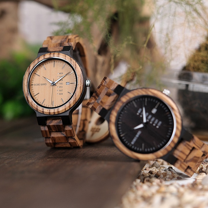 Men's Wooden Quartz Watch with Week Display