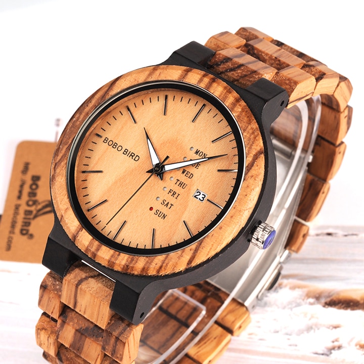 Men's Wooden Quartz Watch with Week Display