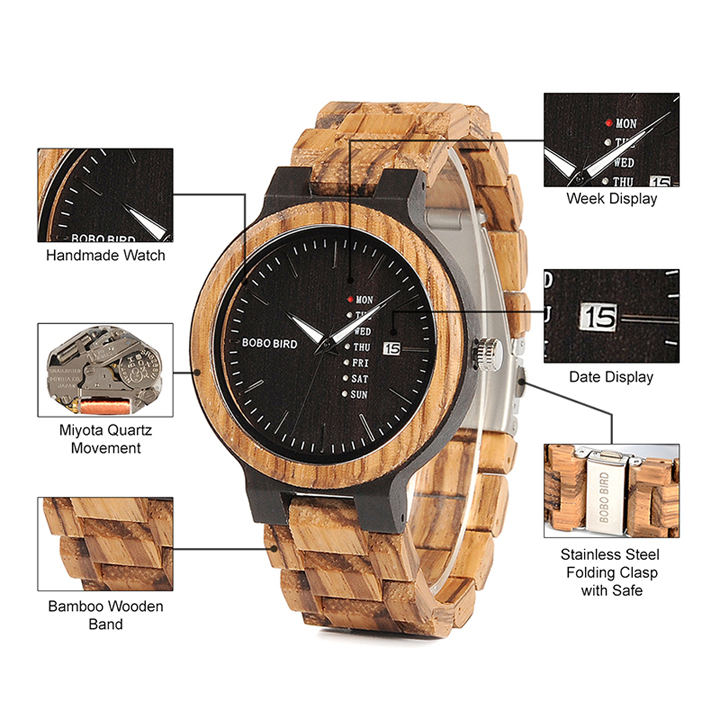 Men's Wooden Quartz Watch with Week Display