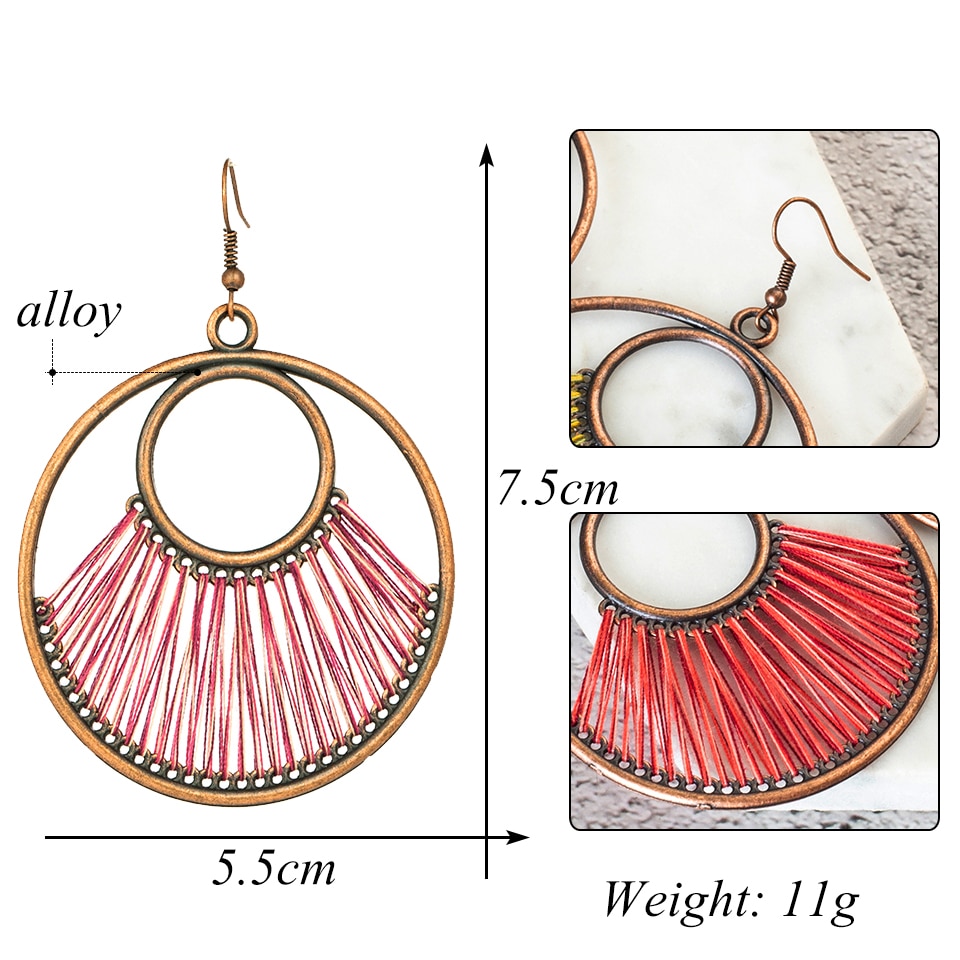 Women's Boho Round Shaped Drop Earrings with Decorative Fiber Strings