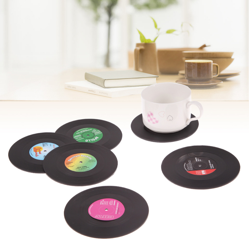 Retro Styled Vinyl Record Shaped Eco-Friendly Plastic Cup Mats Set