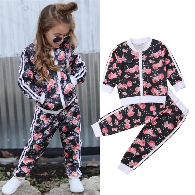 Floral Long Sleeved Sweatshirt with Pants Tracksuit for Girls