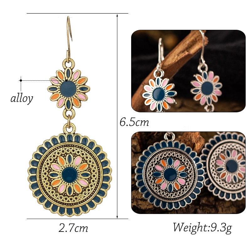 Ethnic Flower Patterned Drop Earrings