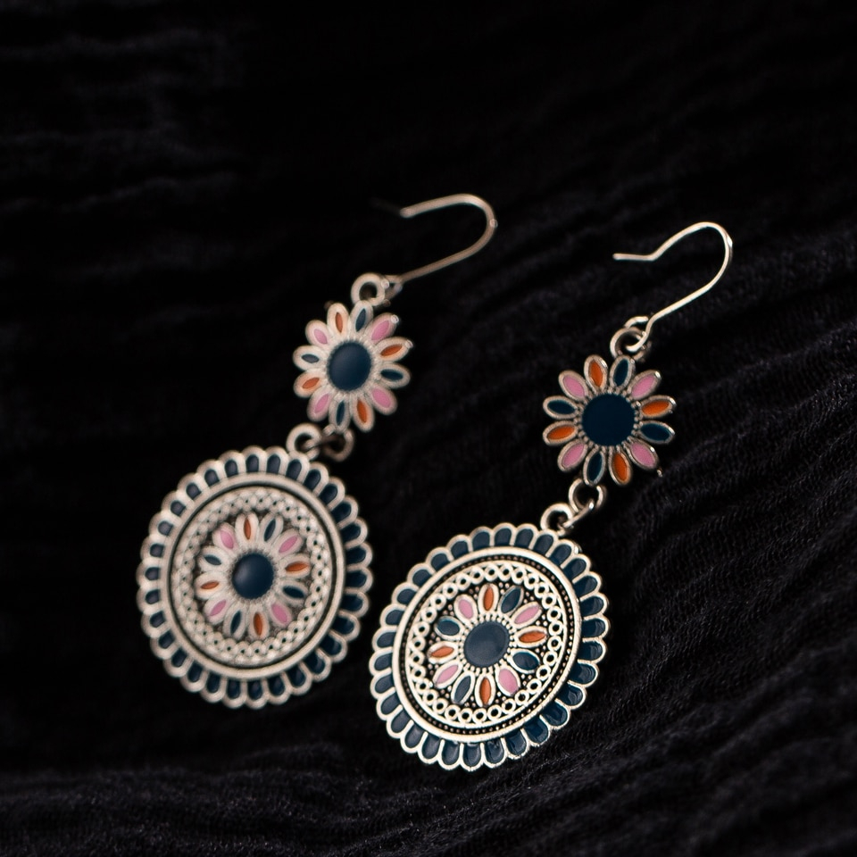 Ethnic Flower Patterned Drop Earrings