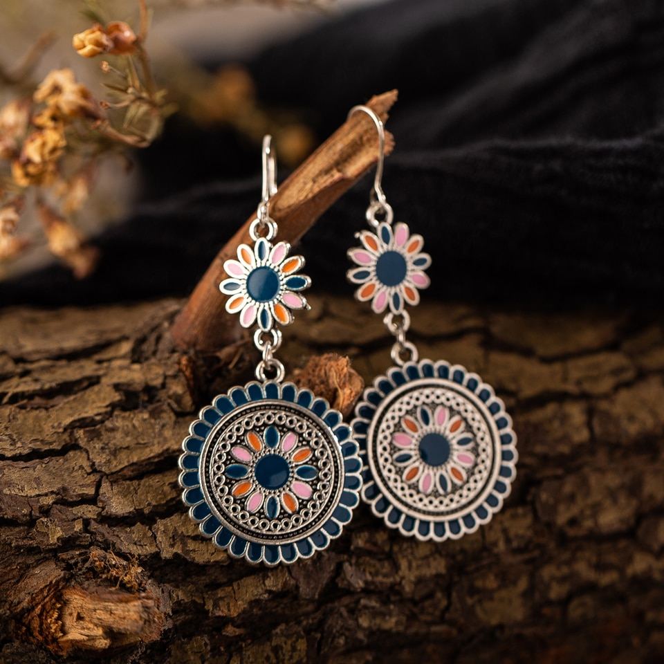 Ethnic Flower Patterned Drop Earrings