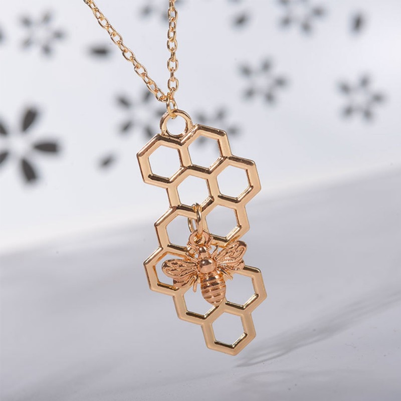 Unisex Hexagon Honeycomb Necklace with Bee