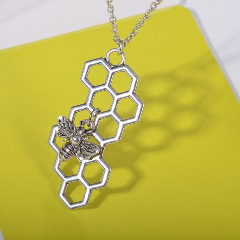 Unisex Hexagon Honeycomb Necklace with Bee