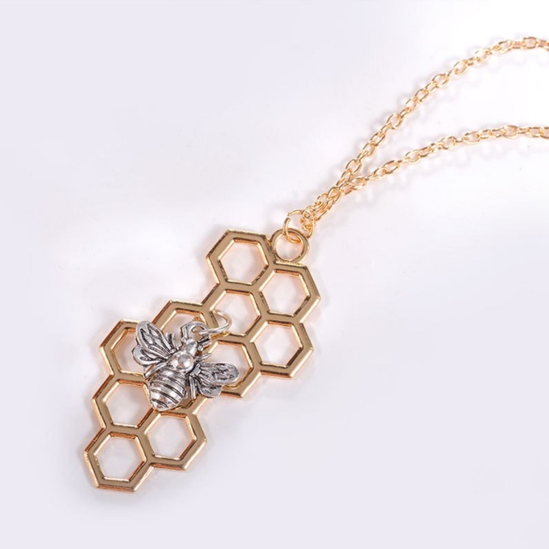 Unisex Hexagon Honeycomb Necklace with Bee